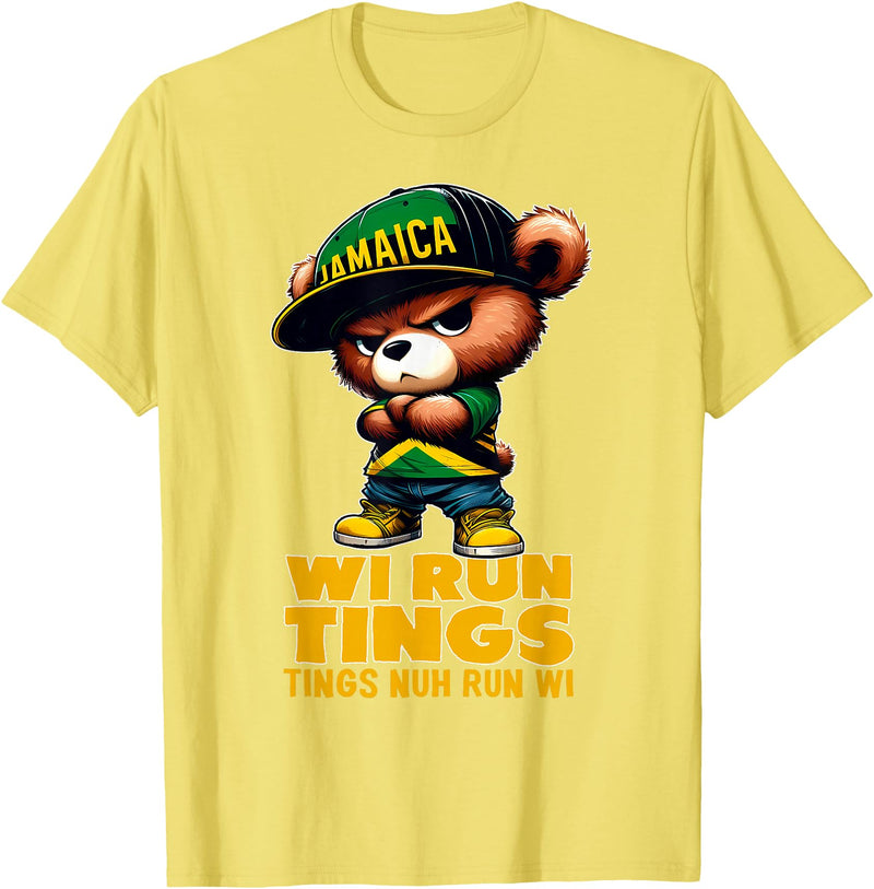 Jamaican Gifts for proud Jamaican Men, Women, Kids WI RUN TINGS Teddy Bear Jamaica Flag Shirt Jamaican Clothing T-Shirt - Lemon Yellow