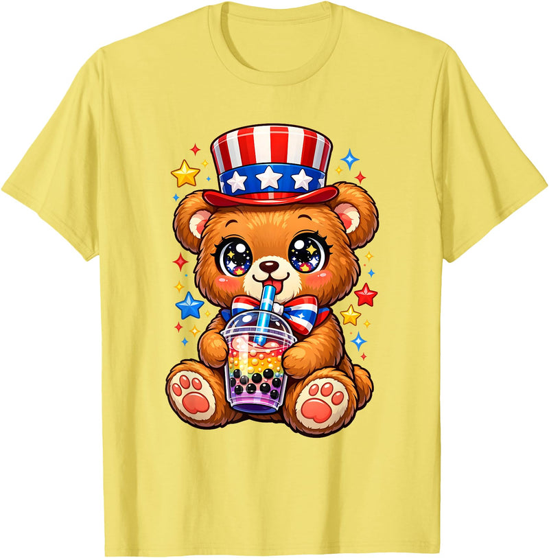 Kawaii Red White and Blue Fourth July Little Kids Cute Teddy Bear Patriotic 4th July Gift Bubble Boba Tea USA T-Shirt - Lemon Yellow
