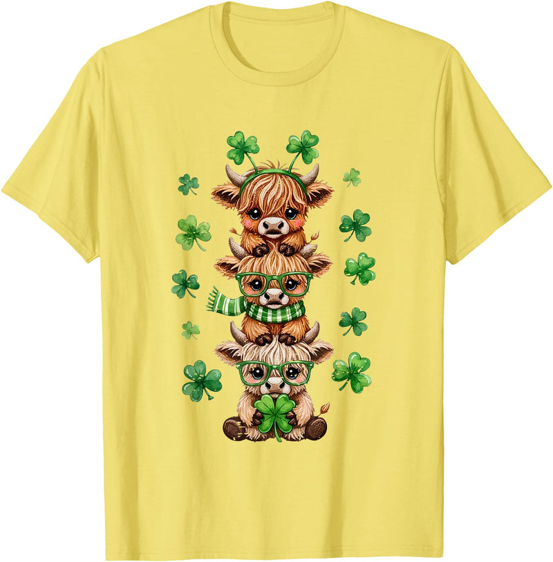 St Patricks Day Highland Cow Lucky Irish Shamrock Funny St Patrick's Day Highland Cow Lucky Shamrock Irish T-Shirt - Lemon