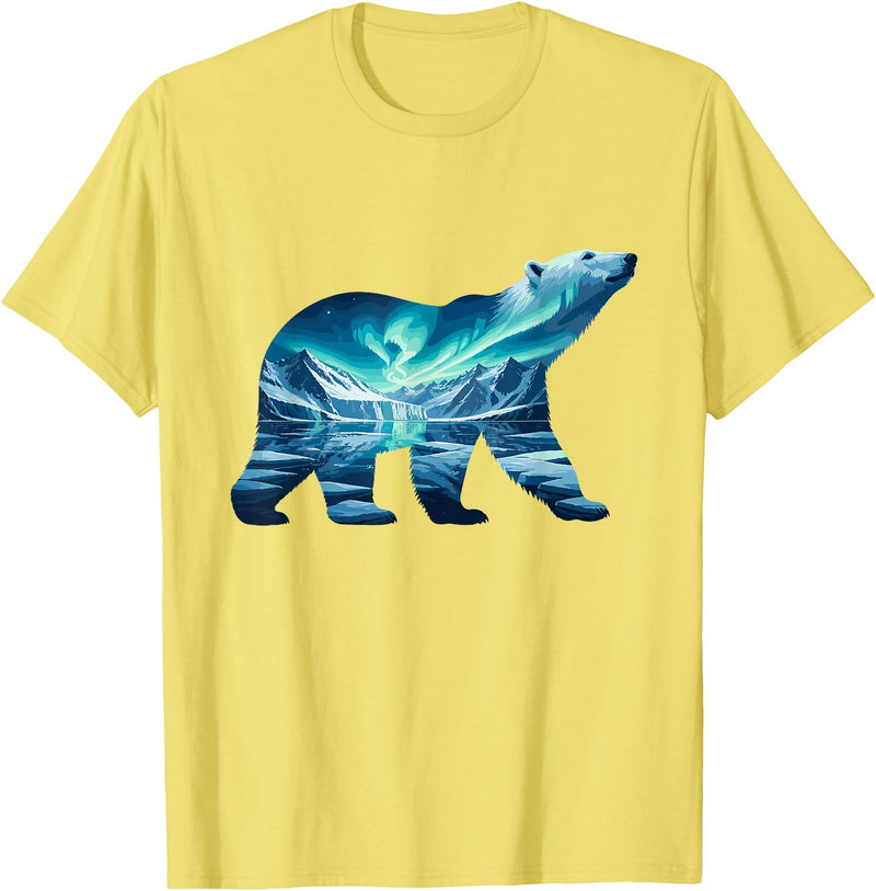 Arctic Wildlife Aurora Borealis Polar Bear Nature Northern Lights Polar Bear Arctic Landscape T-Shirt - Lemon Yellow
