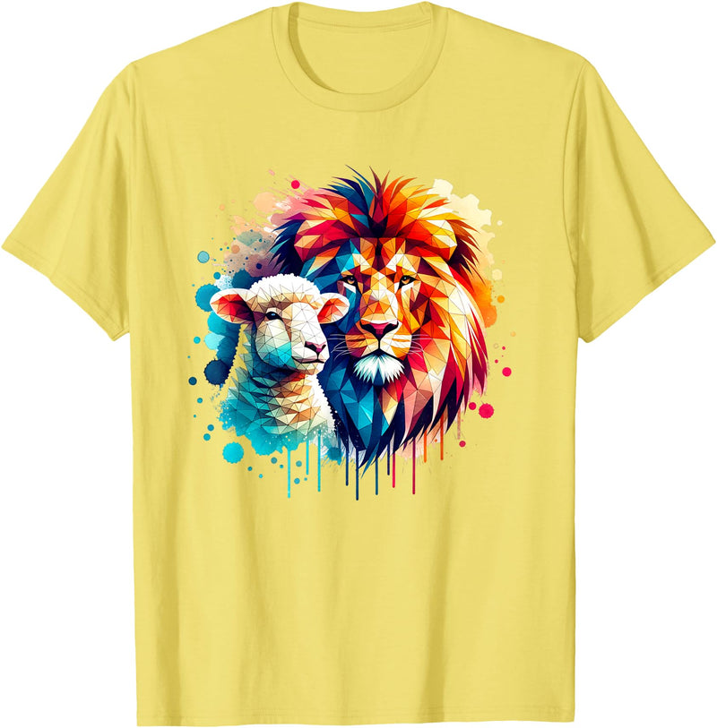 Christian Clothing Lion And Lamb Christian Art Lion And Lamb Geometric Christian Clothing T-Shirt - Lemon Yellow