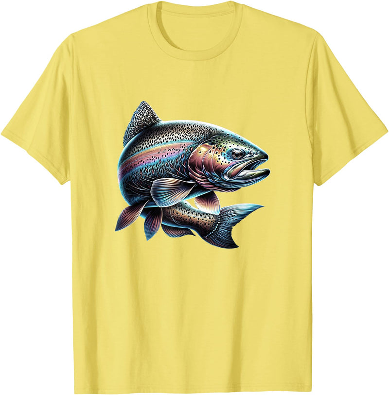 Steelhead Fishing - Unisex Adults & Kids Fishing T-Shirt - Black - Small - Short Sleeve - Cotton & Polyester - Modern Fish Graphic - Crew Neck - Regular Fit - Pull On - Imported - Lemon Yellow