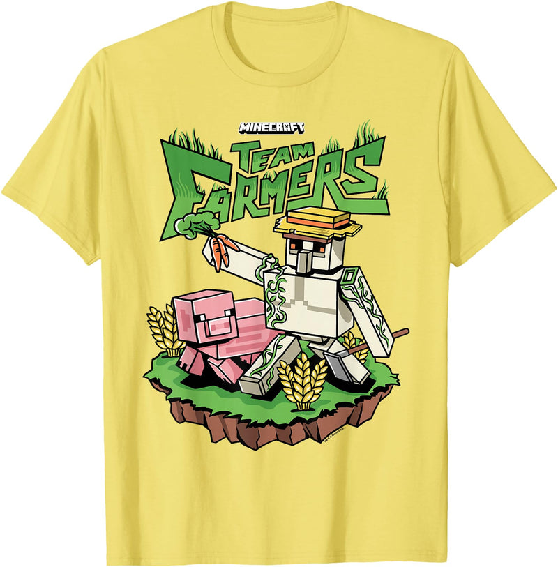 Minecraft Team Farmers Iron Golem & Pig Grow Wheat & Carrot T-Shirt - Lemon Yellow