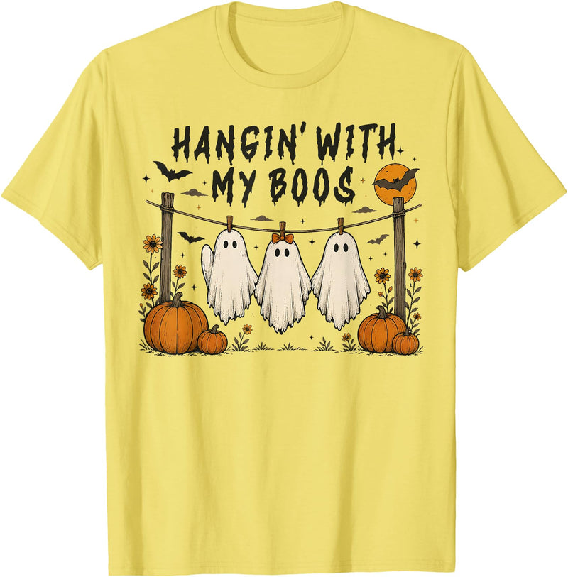 Retro Hangin’ With My Boos Funny Ghost Halloween T-Shirt - Lemon Yellow