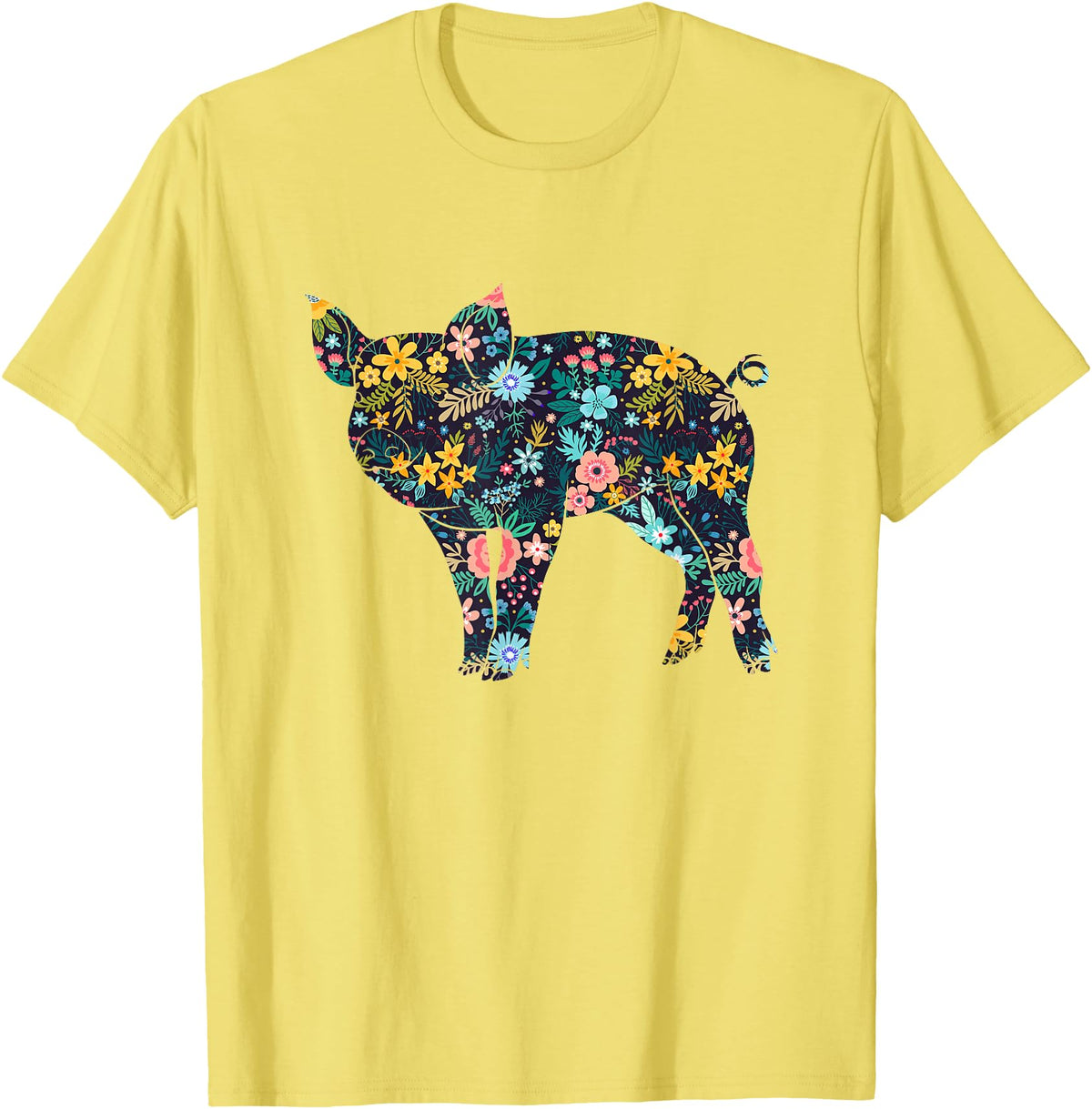 Animal Hog Floral Silhouette Pig Lover Floral Piglet Silhouette Womens Girls Graphic Pig T-Shirt - Lemon Yellow