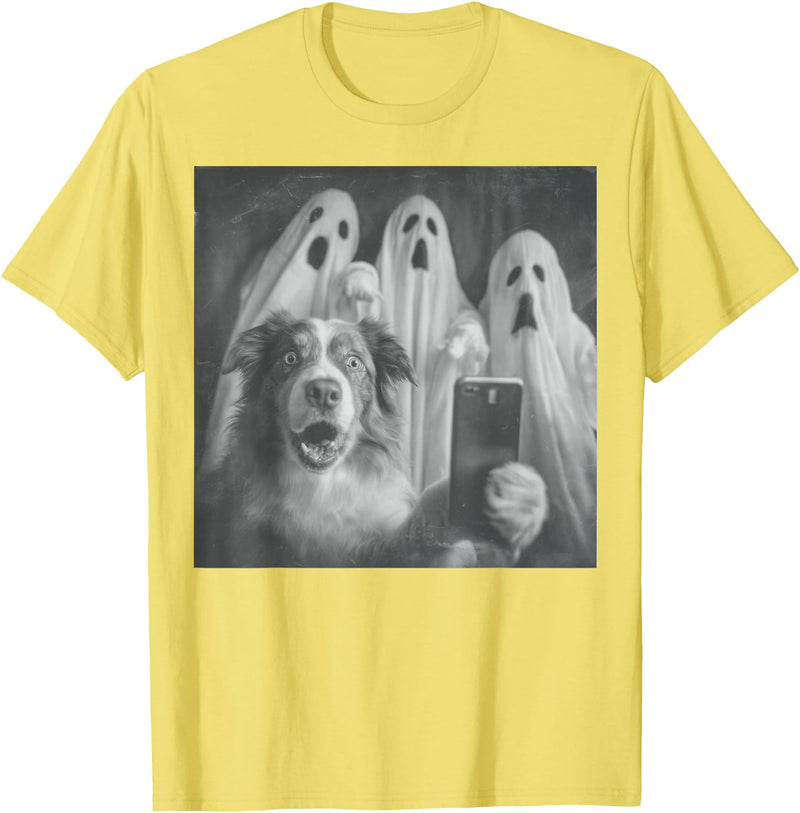 Spooky Aussie Moments Australian Shepherd Selfie Funny Ghost Halloween T-Shirt - Lemon Yellow