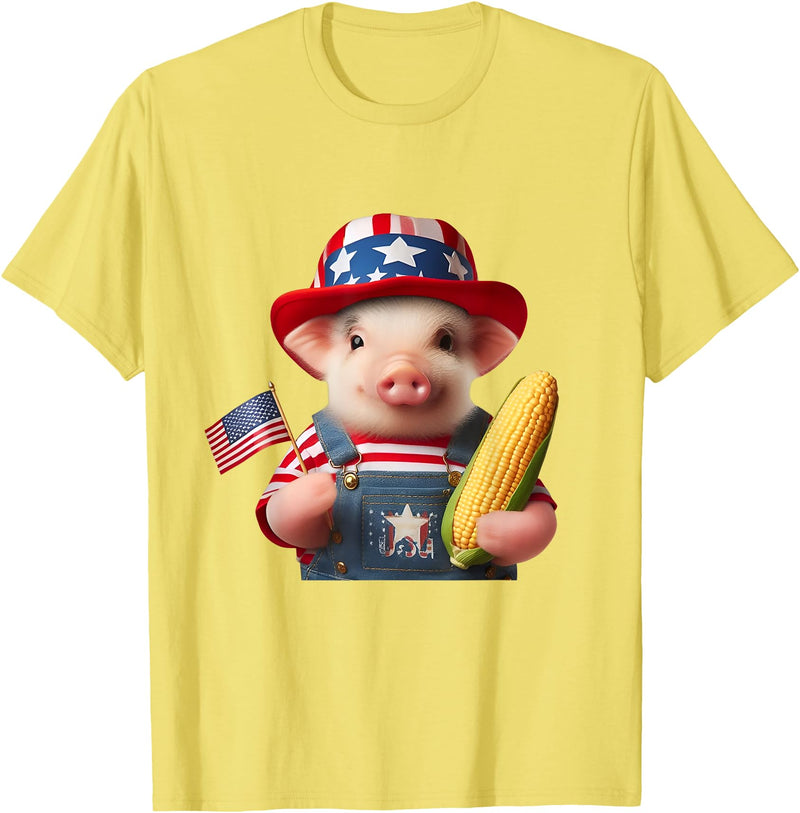 Pig Corn 4th of July Design 4th of July Pig American Us Flag Patriotic Corn 4th of July T-Shirt - Lemon Yellow