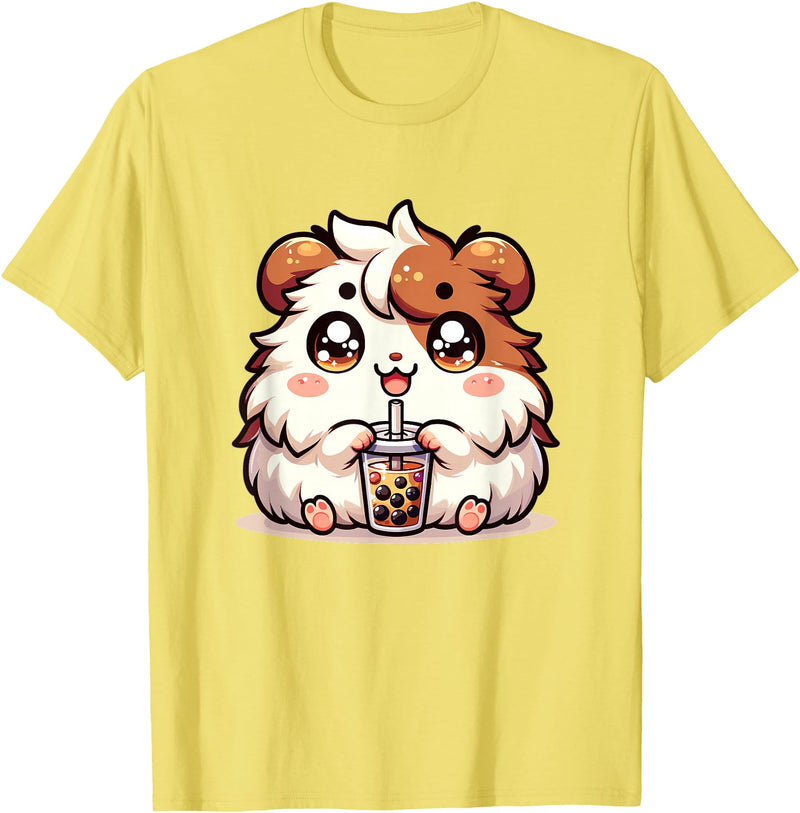 Cute Kawaii Animals Drinking Boba Tea Co. Cute Kawaii Chibi Guinea Pig Drinking Boba Tea T-Shirt - Lemon Yellow