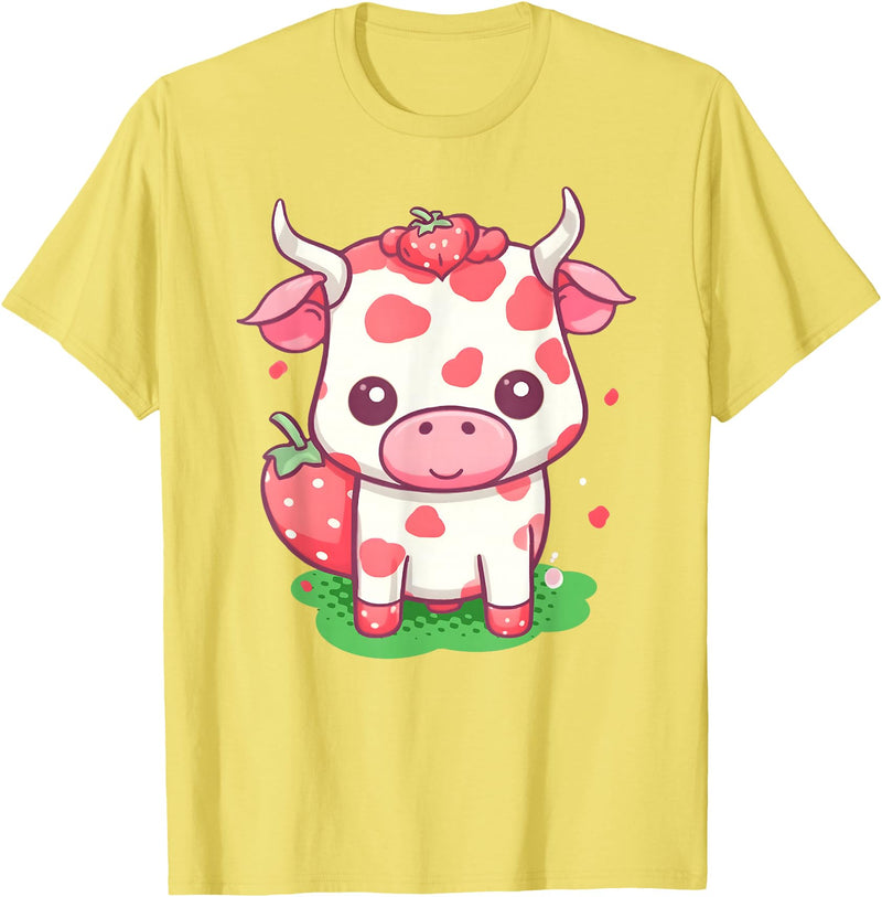 Strawberries Cow Baby Animal Kids Cute Apparel Cow Strawberry Cute Kawaii Pink Pastel Strawberry Milk Farm T-Shirt - Lemon