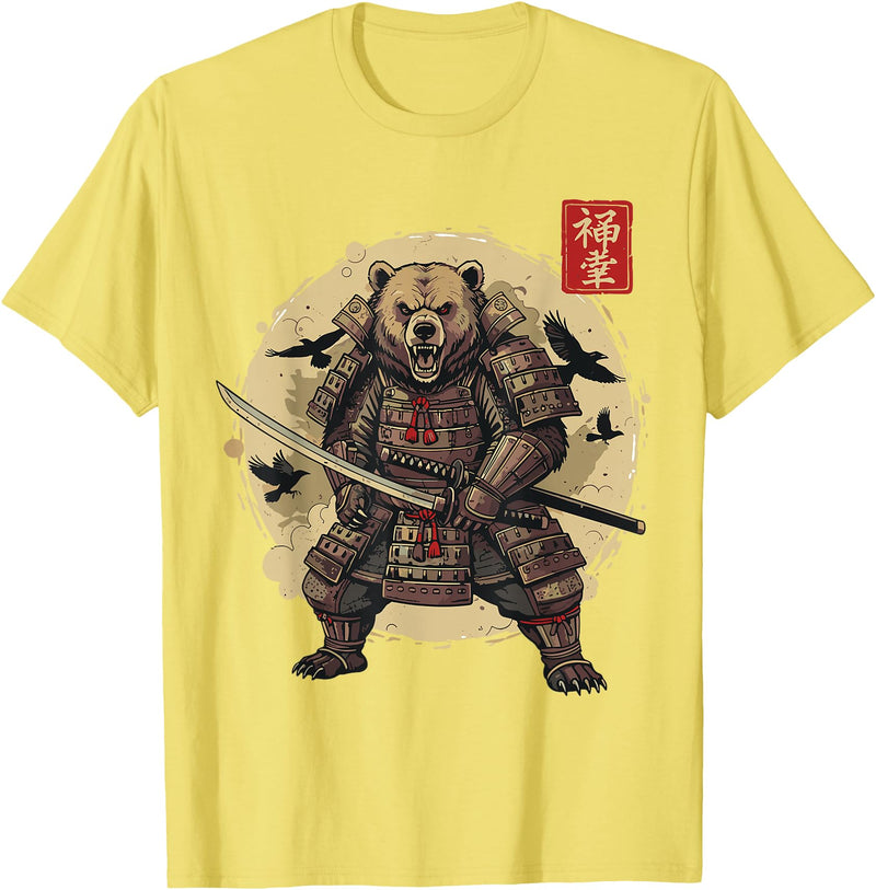 Anime Shirts For Men Women Kids Gifts Samurai Bear Shirt Warrior Vintage Graphic Japanese Men T-Shirt - Lemon Yellow