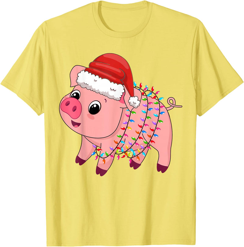 Pig Christmas Gifts Men Women Kids Co. Christmas Lights Pig Wearing Xmas Hat - Pig Lover Farmer T-Shirt - Lemon Yellow