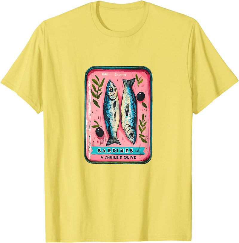 Coastal Nautical Sardine Apparel Co. Sardines Fish Tin Womens Salty Summer Fisherman Cute Top T-Shirt - Lemon Yellow