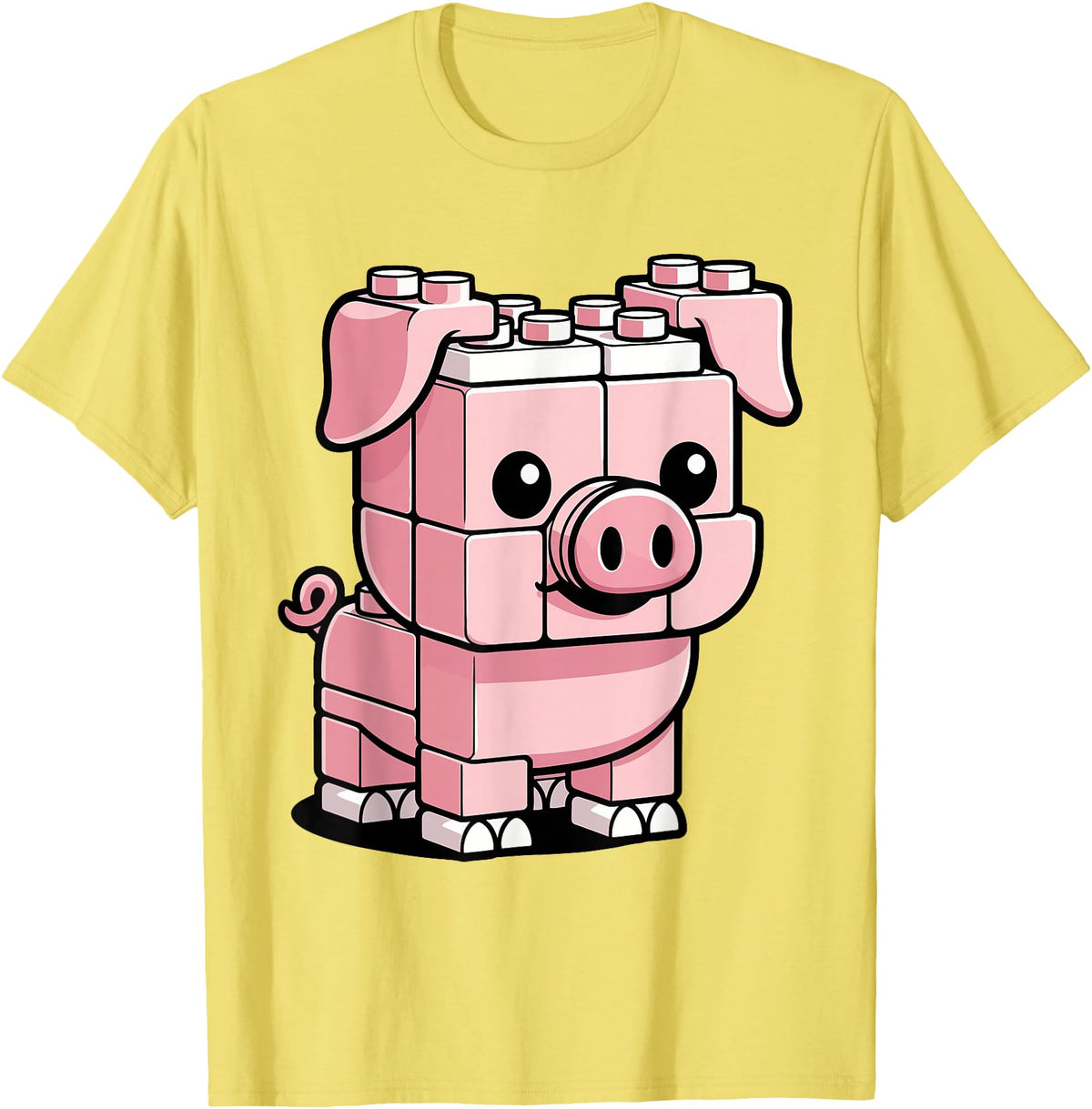 BlockPals DM Funny Pink Brick Pig Building Blocks Farm Animal Character T-Shirt - Lemon Yellow