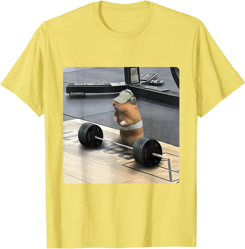Hamster Deadlift Training Funny Cute Rat Weightlifting Meme T-Shirt - Lemon Yellow