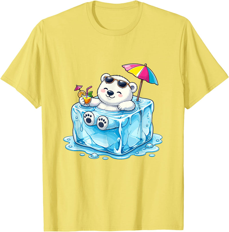 Cool Polar Bear Summer Ice Cube Relax Chill Polar Bear On Ice Cube Summer Vacation T-Shirt - Lemon Yellow