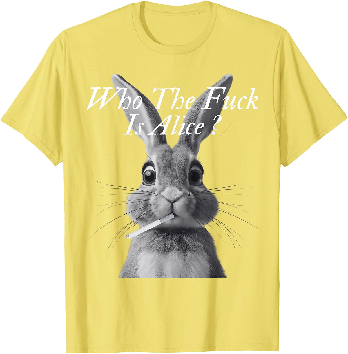 Retro Who the F_ck Is Alice Funny Rabbit T-Shirt in Lemon Yellow