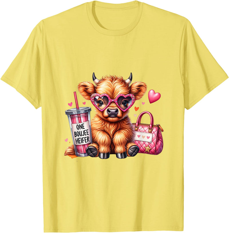 Trendy Tee's By Q One Boujee Heifer Highland Cow T-Shirt - Lemon Yellow