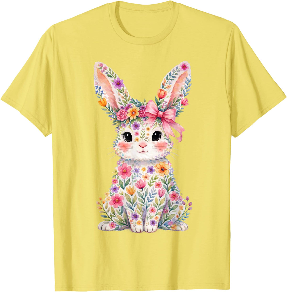 Cute Pink Flower Bunny Rabbit Happy Easter Women Girls T-Shirt in Lemon Yellow