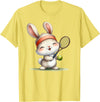 Cute Bunny Rabbit Tennis Player Cartoon Mascot T-Shirt in Lemon Yellow