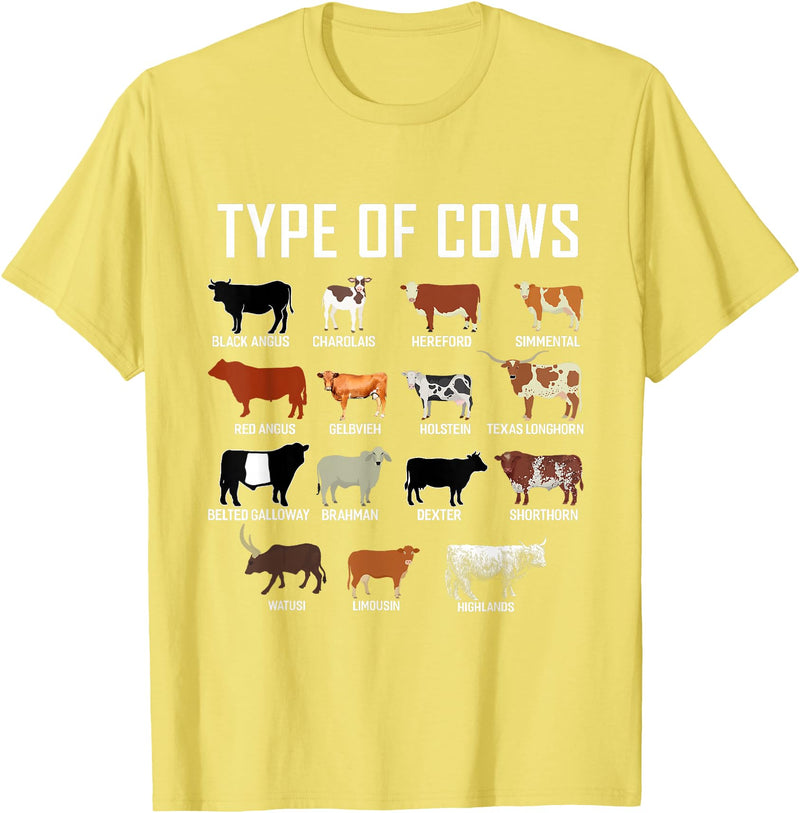 COW Designs By ShirtZilla Types of Cows Shirt Farmer Tee Shirt Costume Cow T-Shirt - Lemon Yellow