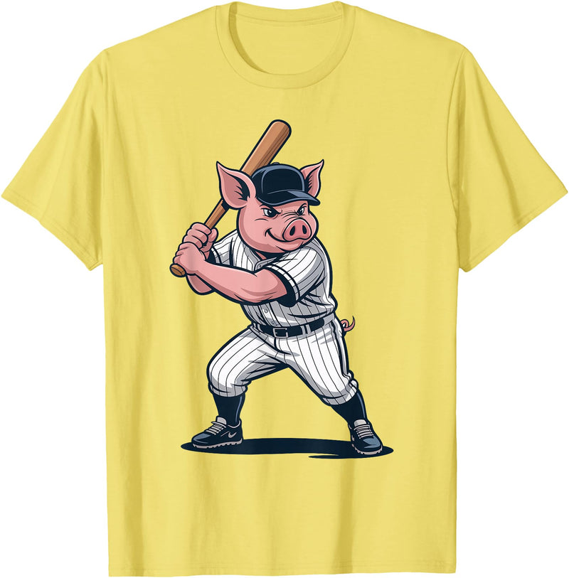 Pig Animal Baseball Lovers Graphic Funny Pig Playing Baseball Artwork Vintage Animal Baseballer T-Shirt - Lemon Yellow