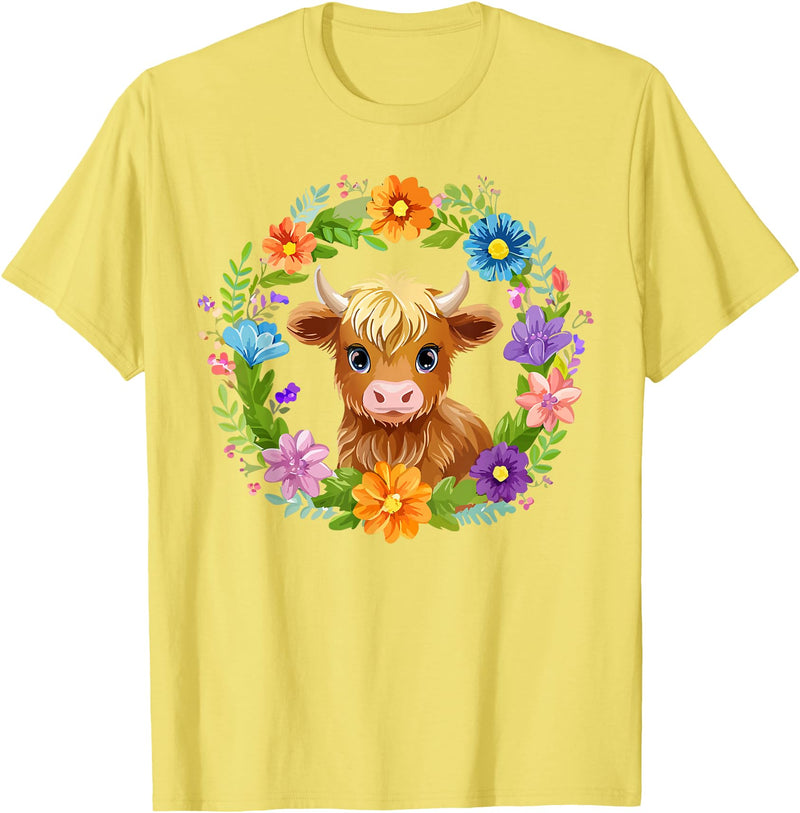 Highland Cow Lover Gifts Apparel and More Highland Cow Flowers Wreath Floral Farm Scottish Country T-Shirt - Lemon Yellow