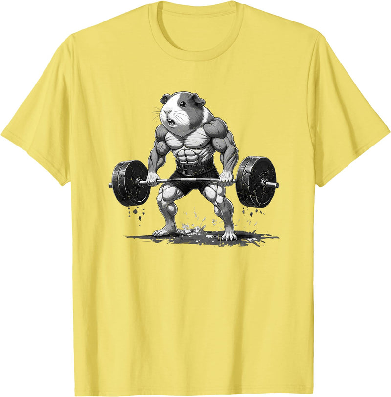 Strong Guinea Pig Lifting Fitness Workout Cool Muscular Guinea Pig Bodybuilder Fitness Power Gym T-Shirt - Lemon Yellow