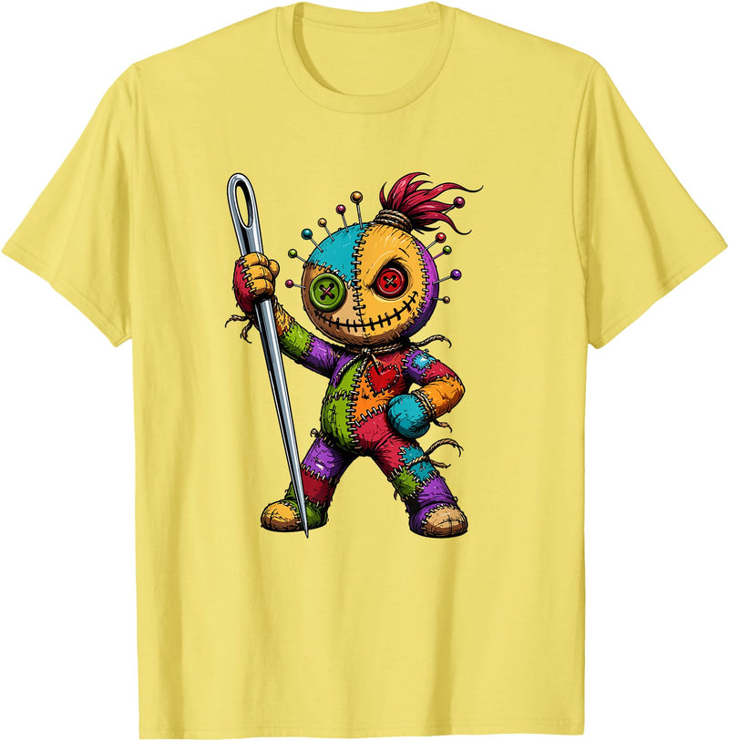 Colorful Voodoo Doll Patchwork Horror Halloween Creepy Rainbow Voodoo Doll with Needle Halloween T-Shirt - Lemon Yellow