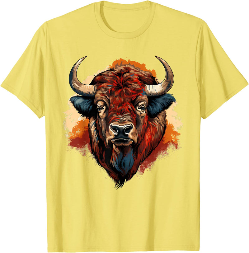 Safari Animal Art Buffalo Portrait Bison Drawing Splash Artwork Animal Print T-Shirt - Lemon Yellow