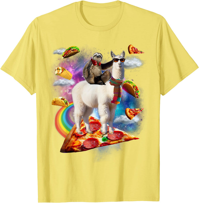 Funny Rainbow Sloth Llama in space Co. Sloth Llama Galaxy Pizza Taco Burrito Rainbow Funny Surreal T-Shirt - Lemon Yellow