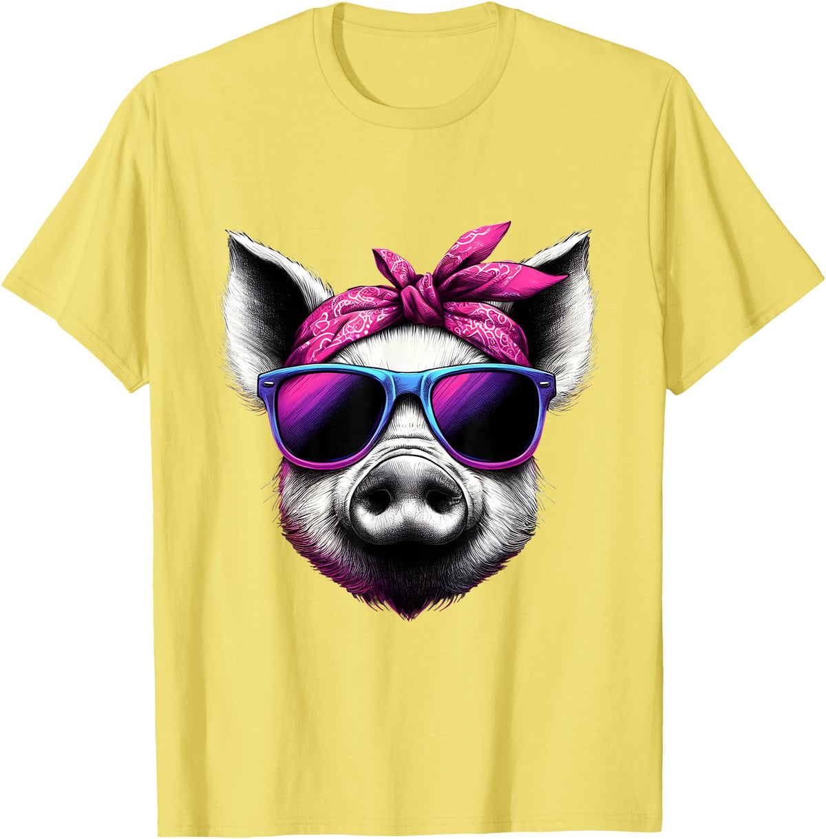 Fashionable Animals Wearing Pink Bandanas Pig Wearing Pink Bandana Headband and Sunglasses T-Shirt - Lemon Yellow