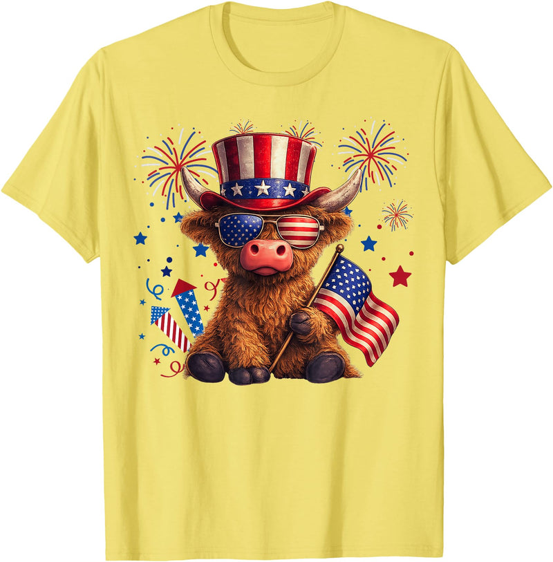 Funny Highland Cow Graphic Tee Men Women Highland Cow 4th of July Vintage American Flag T-Shirt - Lemon Yellow