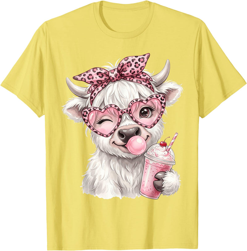 Cute Highlander Cow Lover Designs Scottish Highland Cow Eating Bubblegum T-Shirt - Lemon Yellow