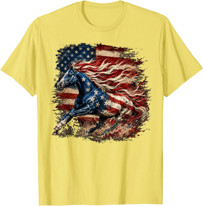 Independence Day Horse Lovers Cowgirls Horse Patriotic Equestrian 4th of July USA American Flag T-Shirt - Lemon Yellow