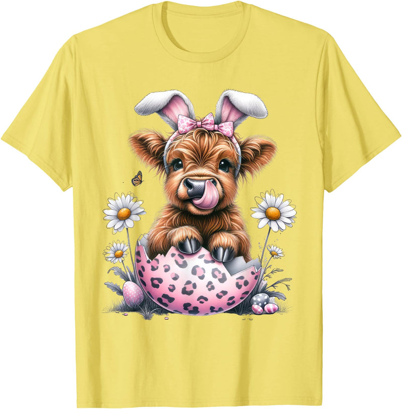 Funny Cow Easter Rabbit Cute Highland Cows Lover Easter Day T-Shirt - Lemon Yellow