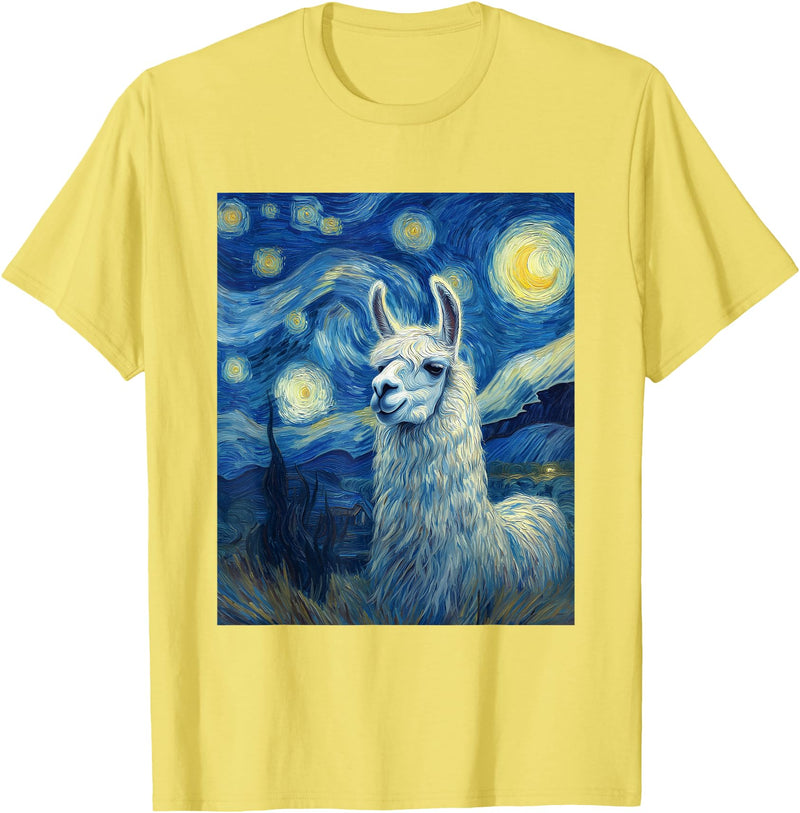 Llama Designs. Llama Alpaka Van Gogh Style Starry Night Funny Graphic T-Shirt - Lemon Yellow