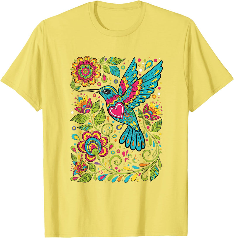 FolkFlight Design Co Bird Hummingbird Floral Folk-Art Colorful T-Shirt - Lemon Yellow
