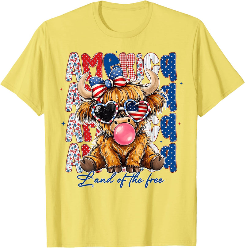 Cute Cow Creations Highland Cow 4th of July, Patriotic Cowgirl Bow Design T-Shirt - Lemon Yellow