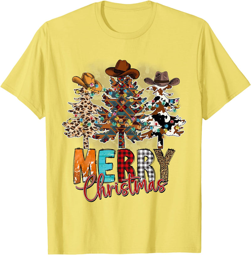 Cowboy Merry Christmas Tree Western Xmas Gifts Merry Christmas Trees Western Cowboy Buffalo Plaid Leopard T-Shirt - Lemon