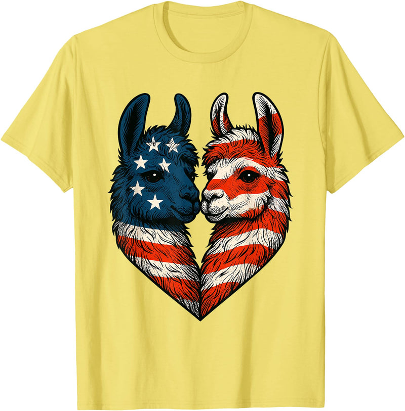 Fourth of July Clothing Co. Patriotic Llamas Heart American Flag 4th of July Graphic T-Shirt - Lemon Yellow