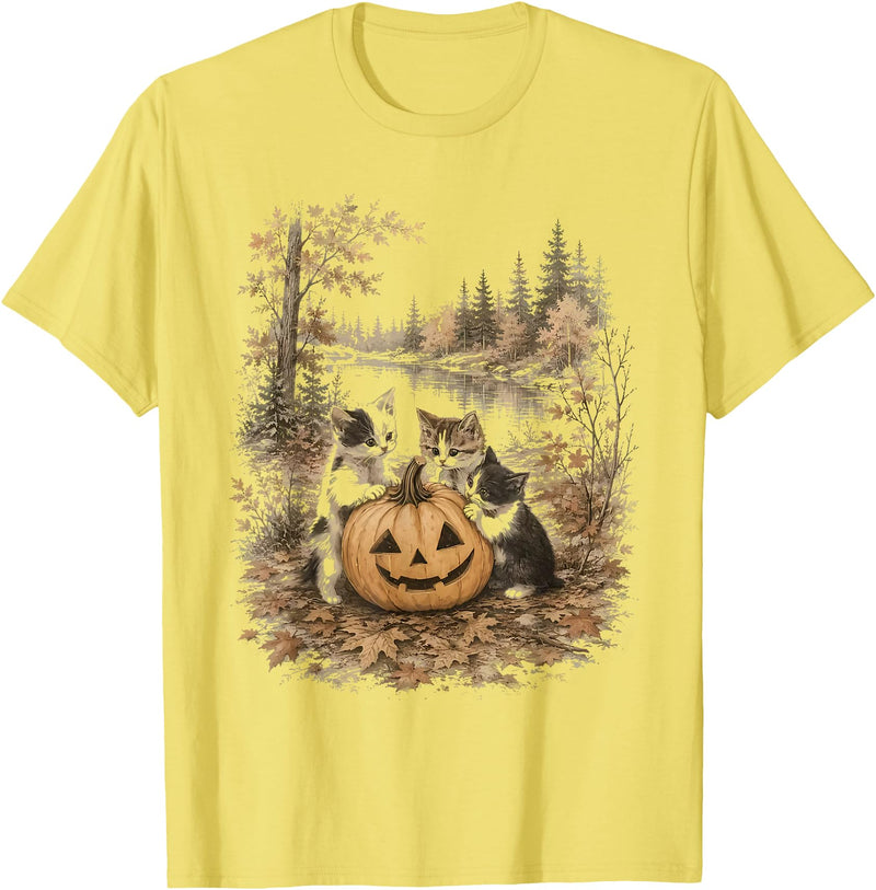 Vintage 90s Cats And Pumpkin Halloween Women Men Funny Retro 90s Kitten Black Cats and Pumpkin Halloween T-Shirt - Lemon