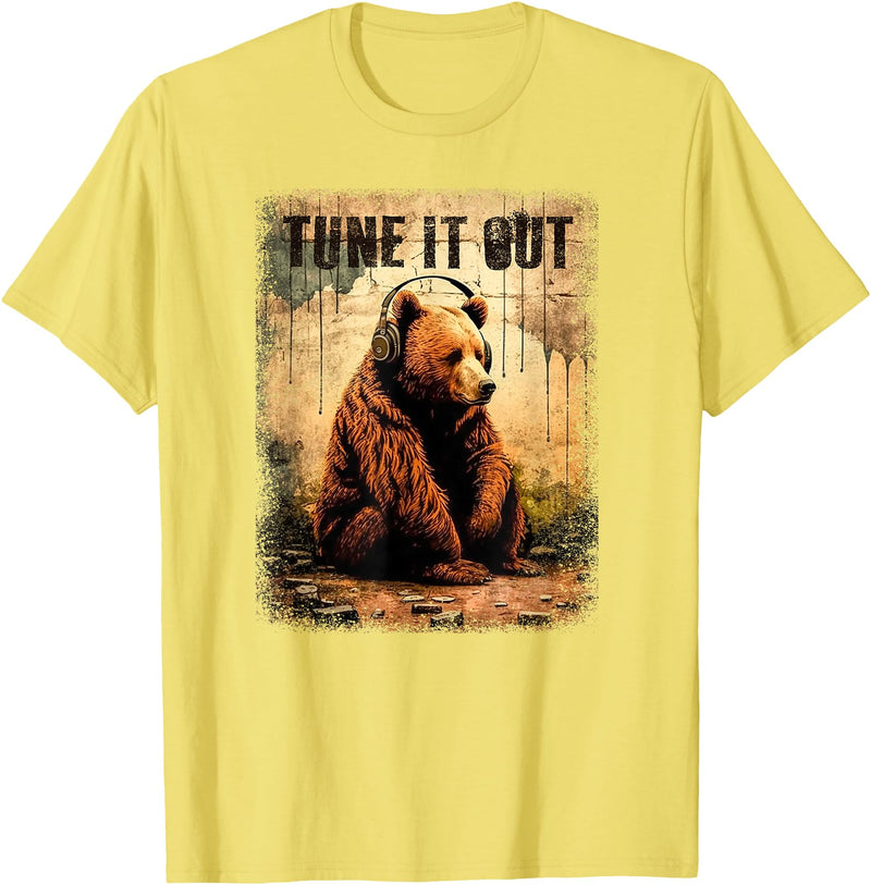 Tune It Out Bear - HQ Tune It Out Brown Bear With Headphones Grizzly Music Noise T-Shirt - Lemon Yellow