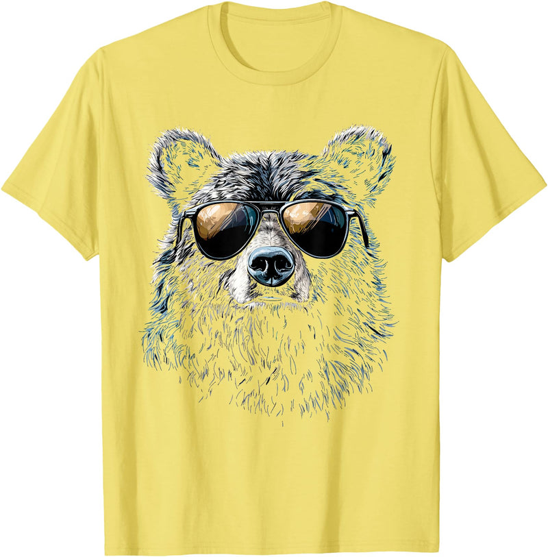 Forest Illustration Bear Art Nature Bear Wearing Sunglasses Wildlife Artwork Graphic Bear T-Shirt - Lemon Yellow