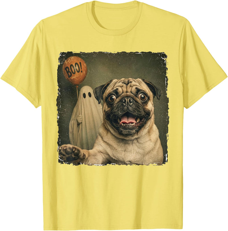 Issebl Dog Pug Lover Funny Pug Halloween Ghost Selfie Dog Funny T-Shirt - Lemon Yellow