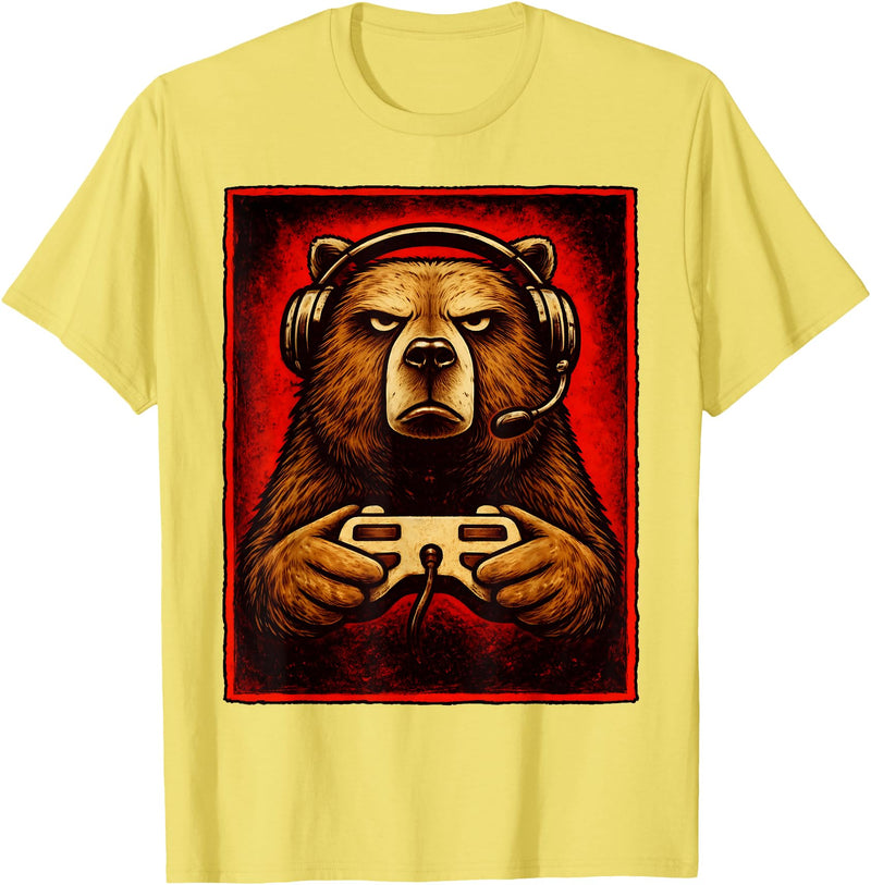 Funny Gaming Bear Gamer Graphic Gamer Bear Graphic Funny Gaming Animal Grizzly Bear Costume T-Shirt - Lemon Yellow