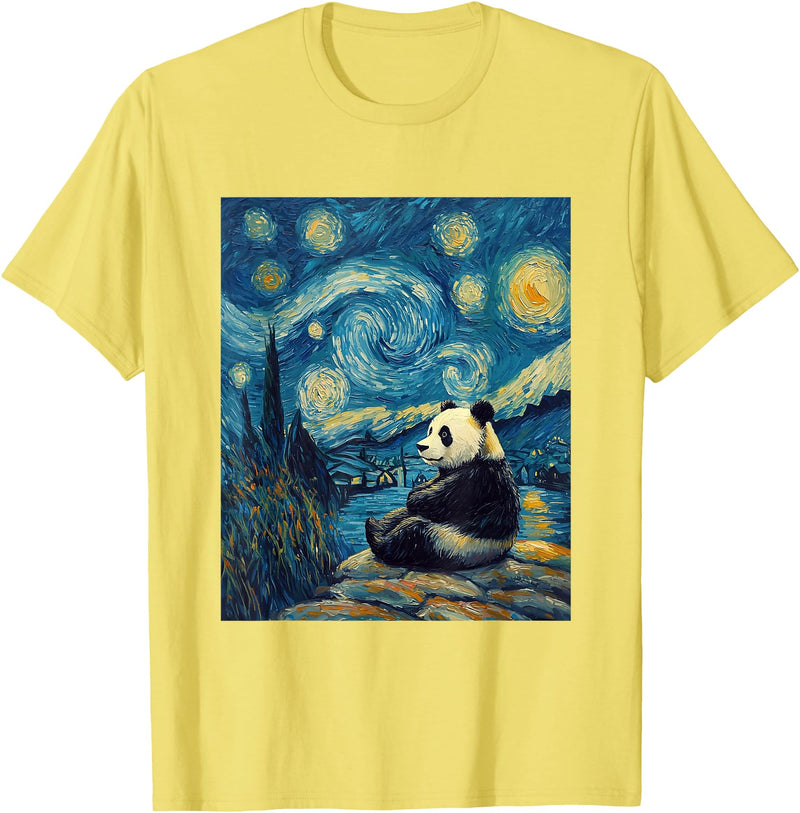 Bear Designs. Cute Panda Bear Van Gogh Style Starry Night Graphic T-Shirt - Lemon Yellow