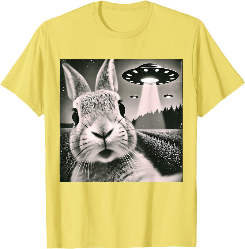 Funny Rabbit Bunny Selfie UFOs T-Shirt in Lemon Yellow