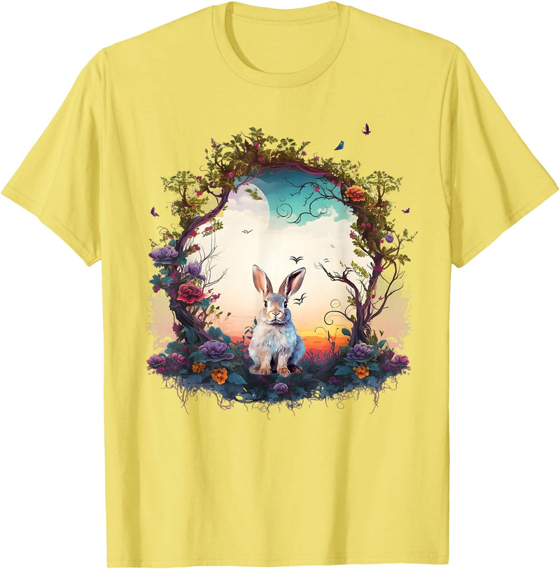 Mountain Woodland Animals Cute Rabbit Nature Floral T-Shirt in Lemon Yellow