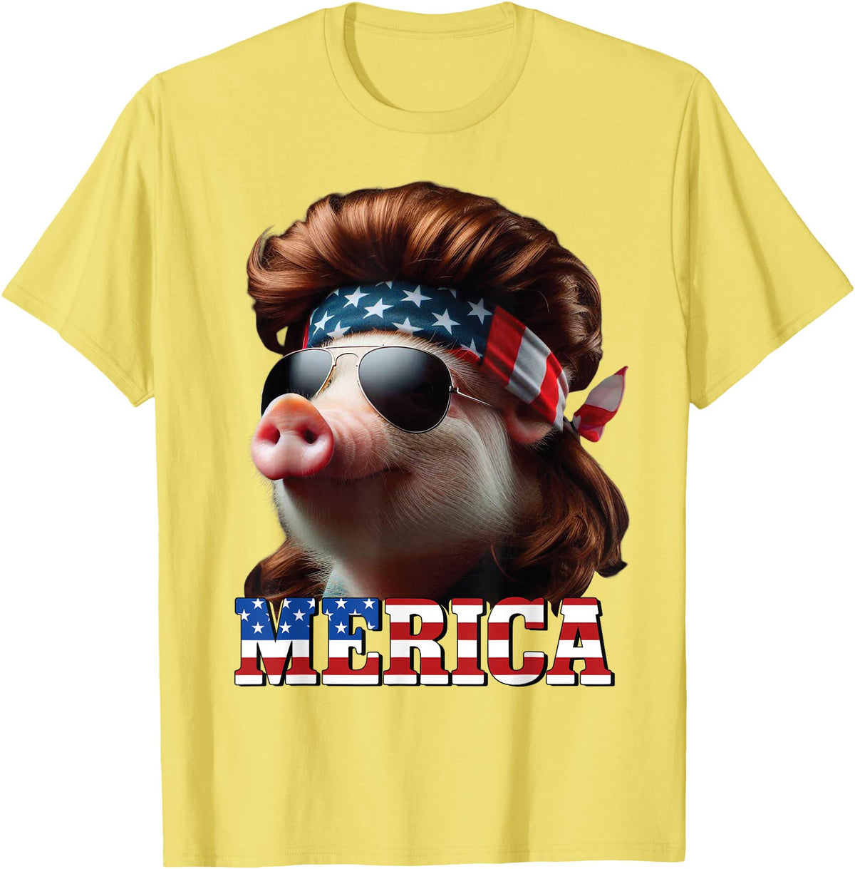Funny Mullet Farm Pig Patriotic Pig Merica Mullet 4th of July And Father's Day Man Funny T-Shirt - Lemon Yellow