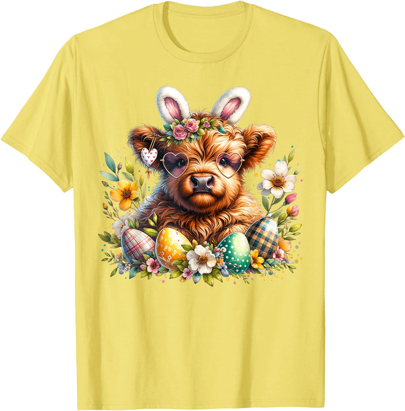 Highland Cow Land of NYC Highland Cow Easter Bunny Moo Basket Egg Floral Women Girls T-Shirt - Lemon Yellow